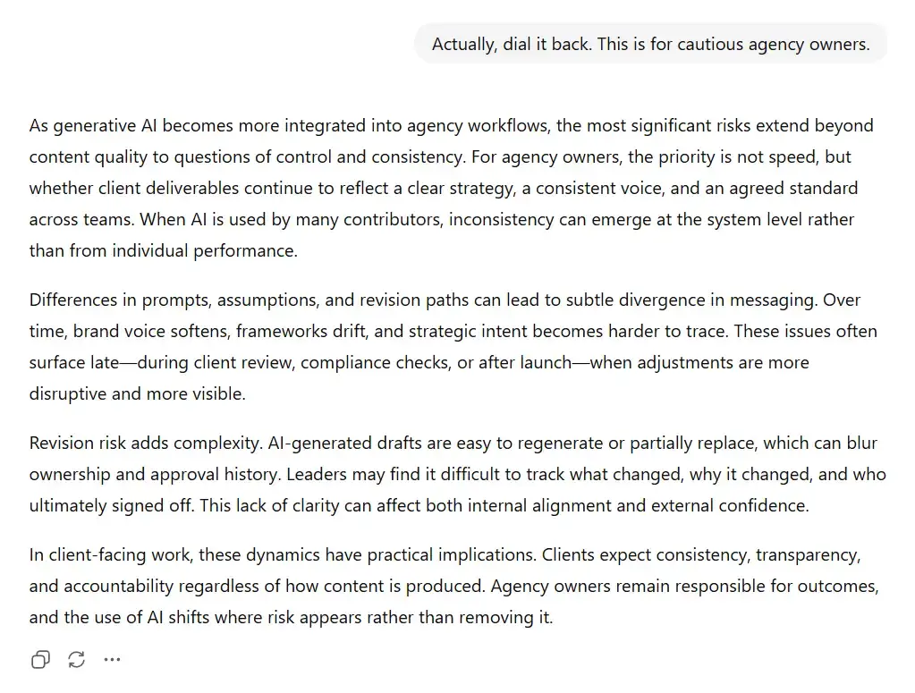 Measured AI content introduction for cautious agency owners addressing consistency, revision clarity, and client-facing accountability.